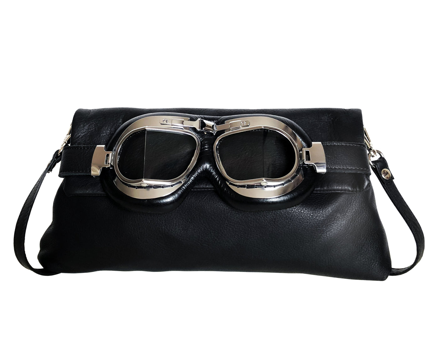 Pochette in pelle nera con occhiali da moto - Poshead