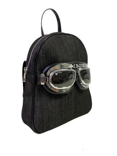 Small denim backpack with glasses