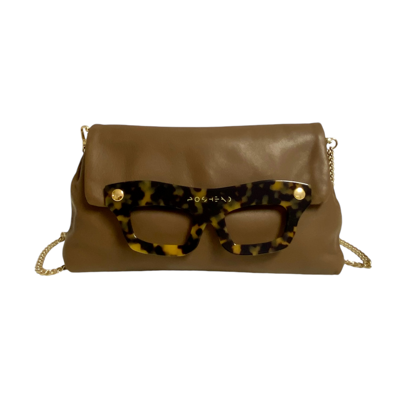 Mini pochette Lucy marrone con occhiali tartaruga