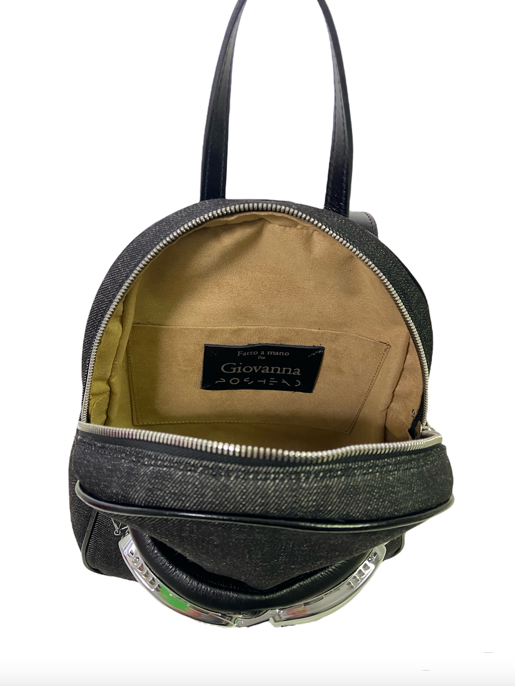 Small denim backpack with glasses