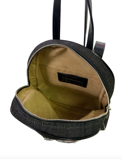 Small denim backpack with glasses